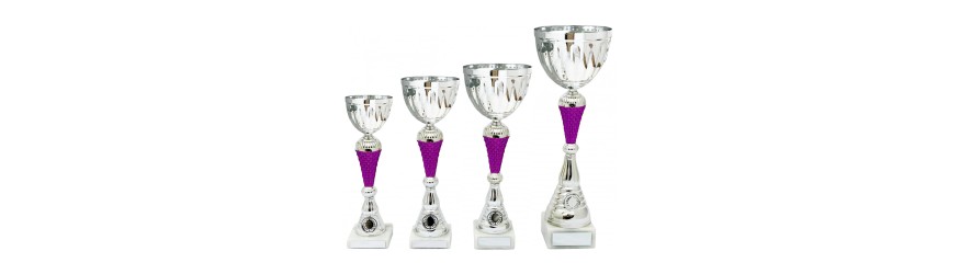 SILVER METAL CUP ON SCULPTED COLOURED RISER AVAILABLE IN 4 SIZES